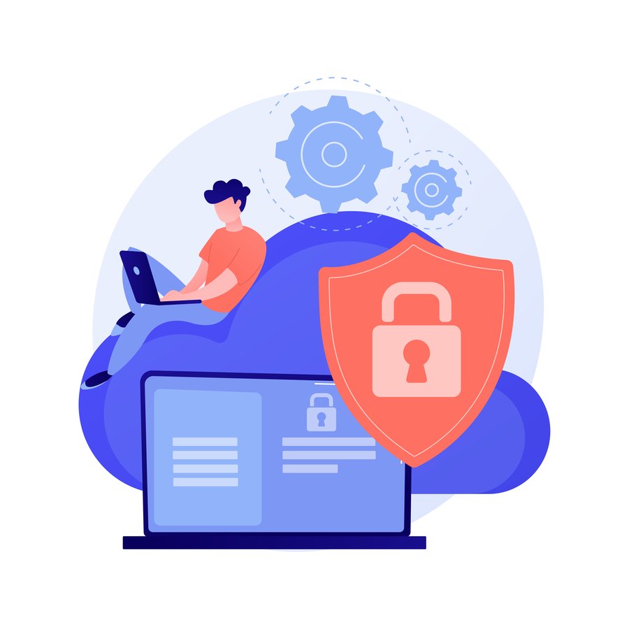Representação de segurança na nuvem com cadeado e engrenagens, destacando os princípios da LGPD na proteção de informações digitais.